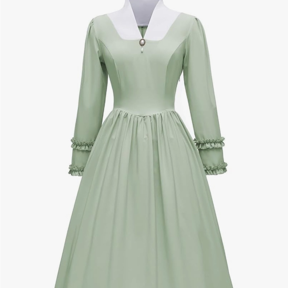 Light Green Vintage-Inspired Long Sleeve Dress with Contrast Collar